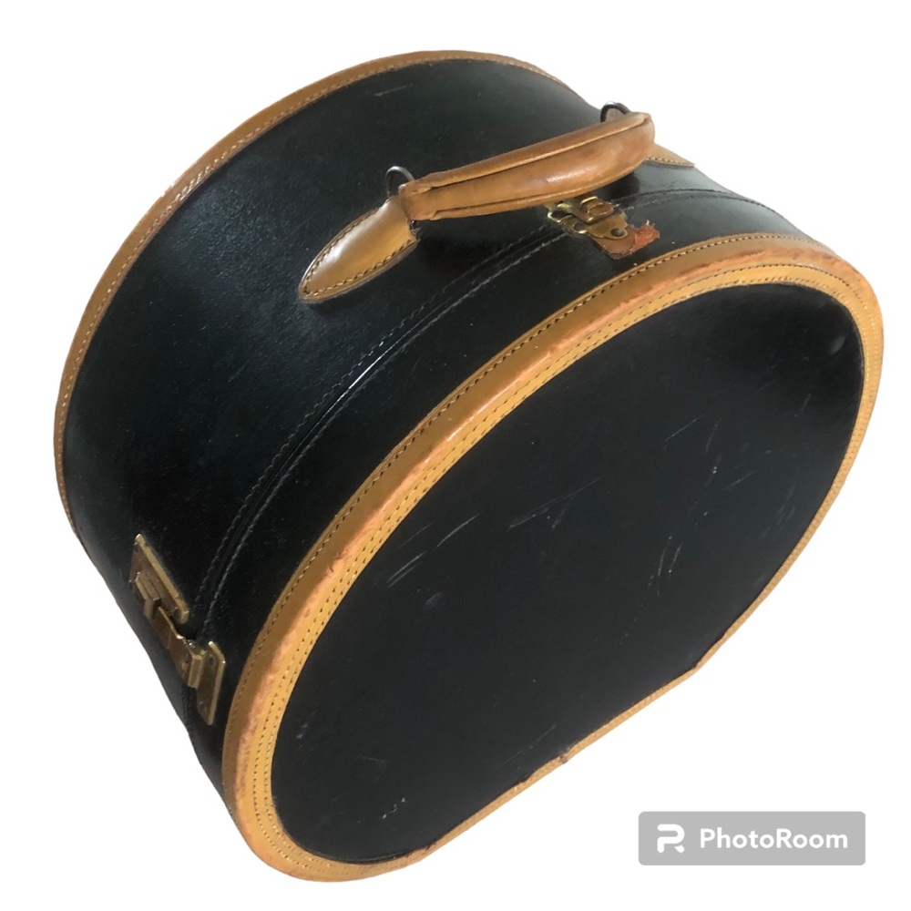 Large Antique Navy/Tan Leather Travel Hat Box ca 1919 - Picture 4 of 17